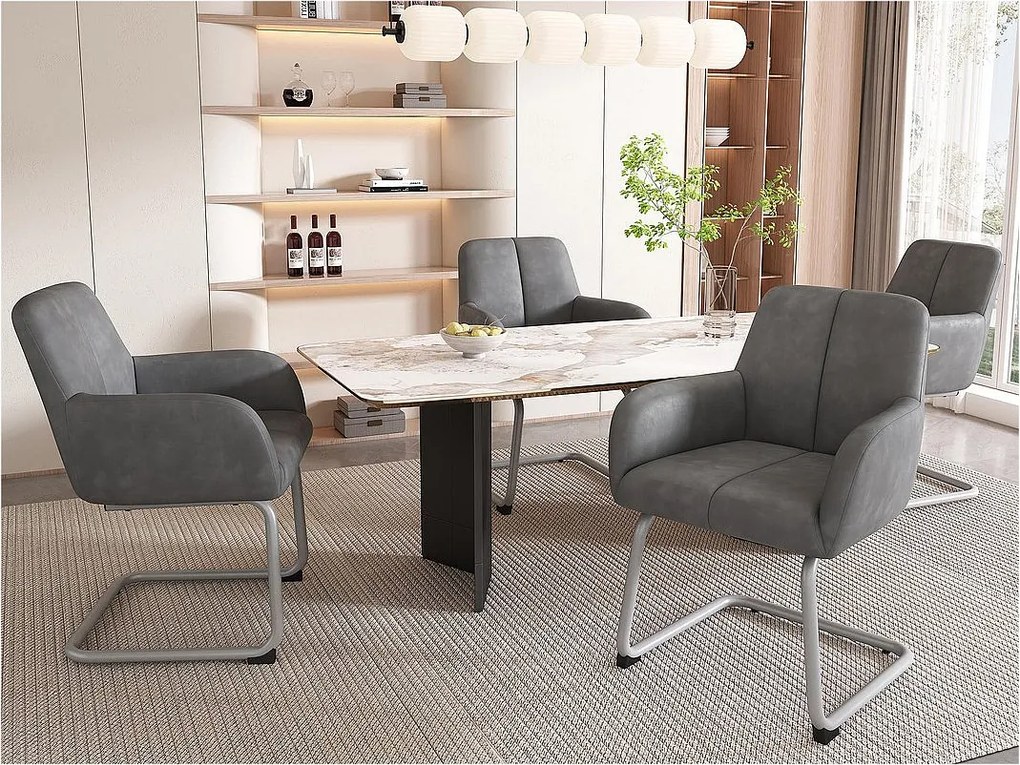 Zestaw 4 krzeseł typu cantilever pokrytych skórą ekologiczną - z metalowymi nogami - Szary