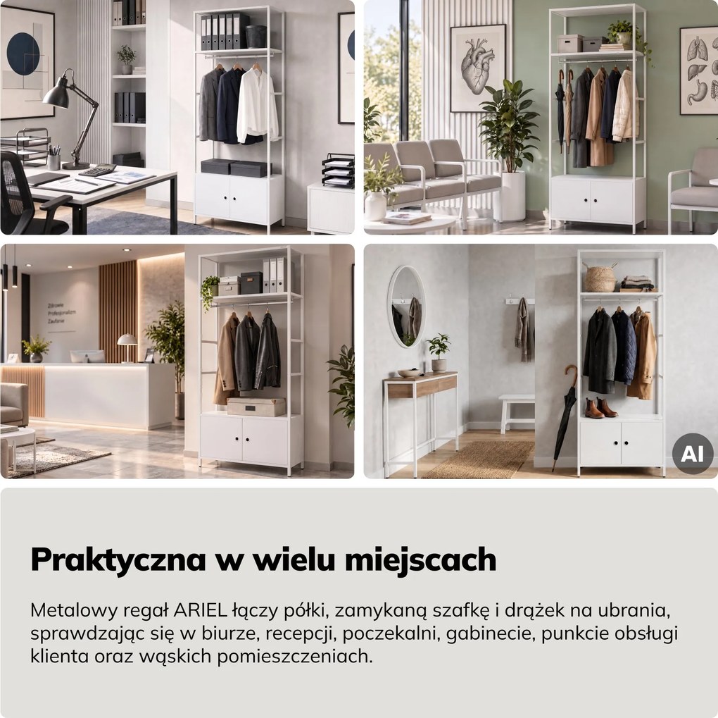 Regał biurowy otwarty z drążkiem na ubrania, do recepcji i poczekalni, metalowy, biały, 800x2200x400 mm: ARIEL