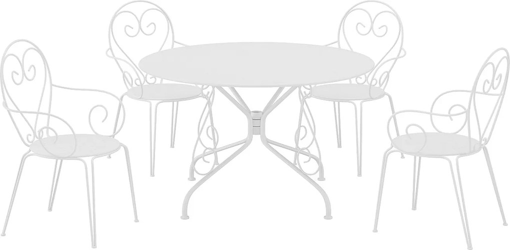Zestaw mebli ogrodowych z metalu: stół o śr. 120 cm i 4 sztaplowane fotele z efektem kutego żelaza - Biały - GUERMANTES marki MYLIA