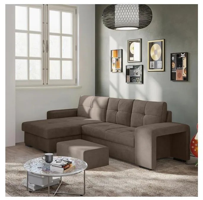 Sofa rozkładana PALERMO z pojemnikiem i pufą, brązowa, lewa