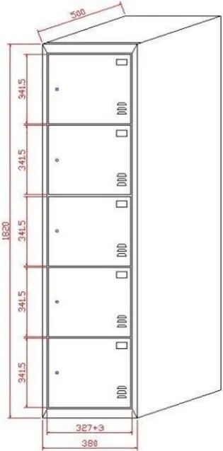 Szafka skrytkowa S2, 5 schowków, 1820 x 380 x 500 mm, demontaż, zamek cylindryczny, drzwi szare