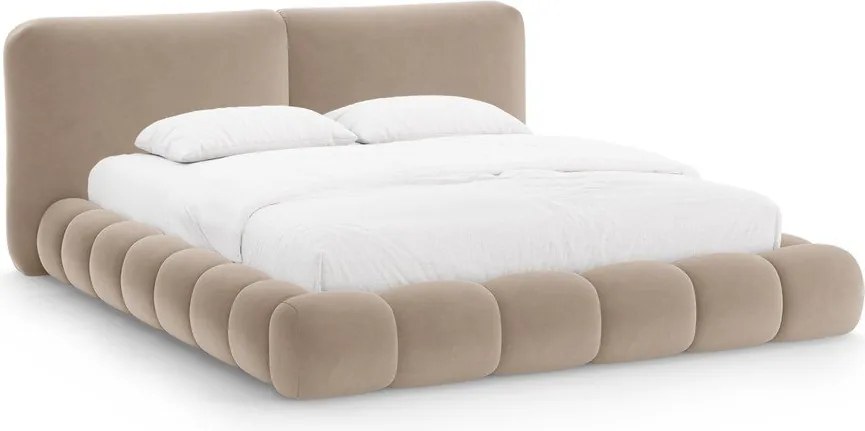 Jasnobrązowe tapicerowane łóżko dwuosobowe ze schowkiem ze stelażem 160x200 cm Solange – Micadoni