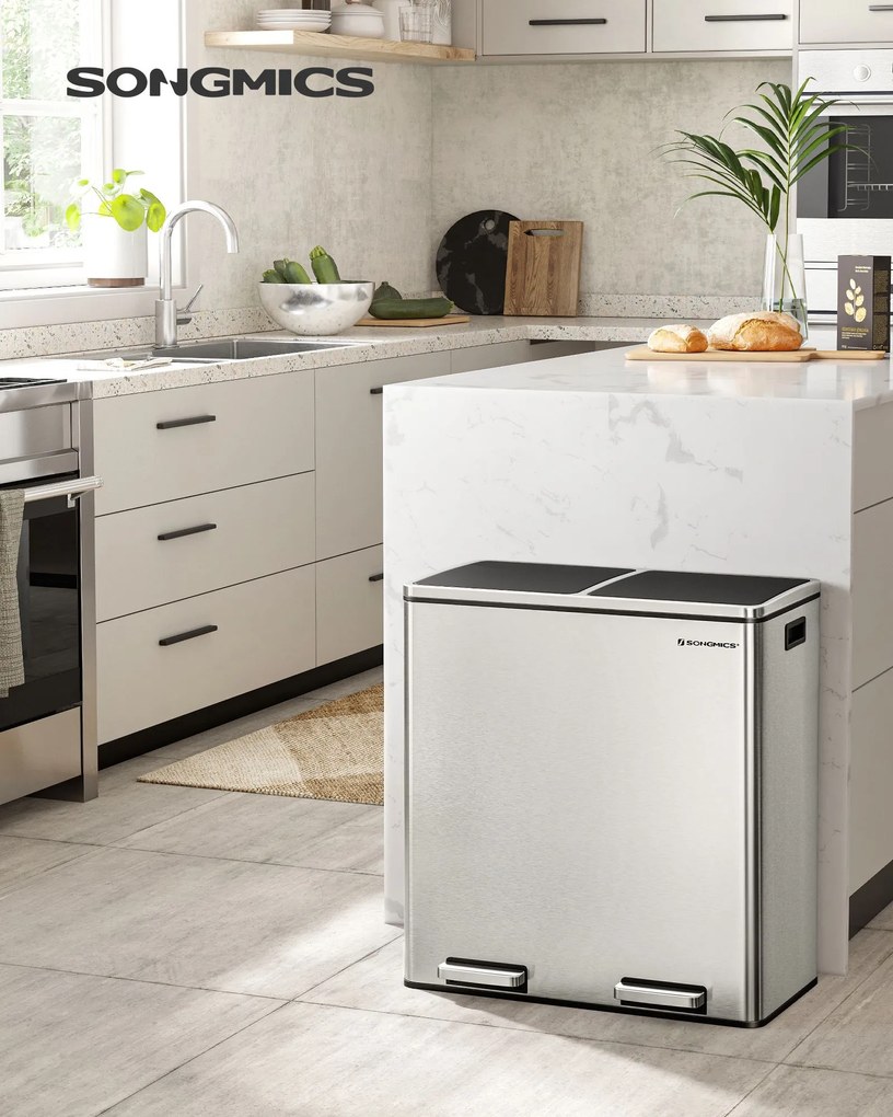 Kosz do segregacji odpadów SORT, 2x30 l + worki na śmieci, srebrno/czarny Vasagle