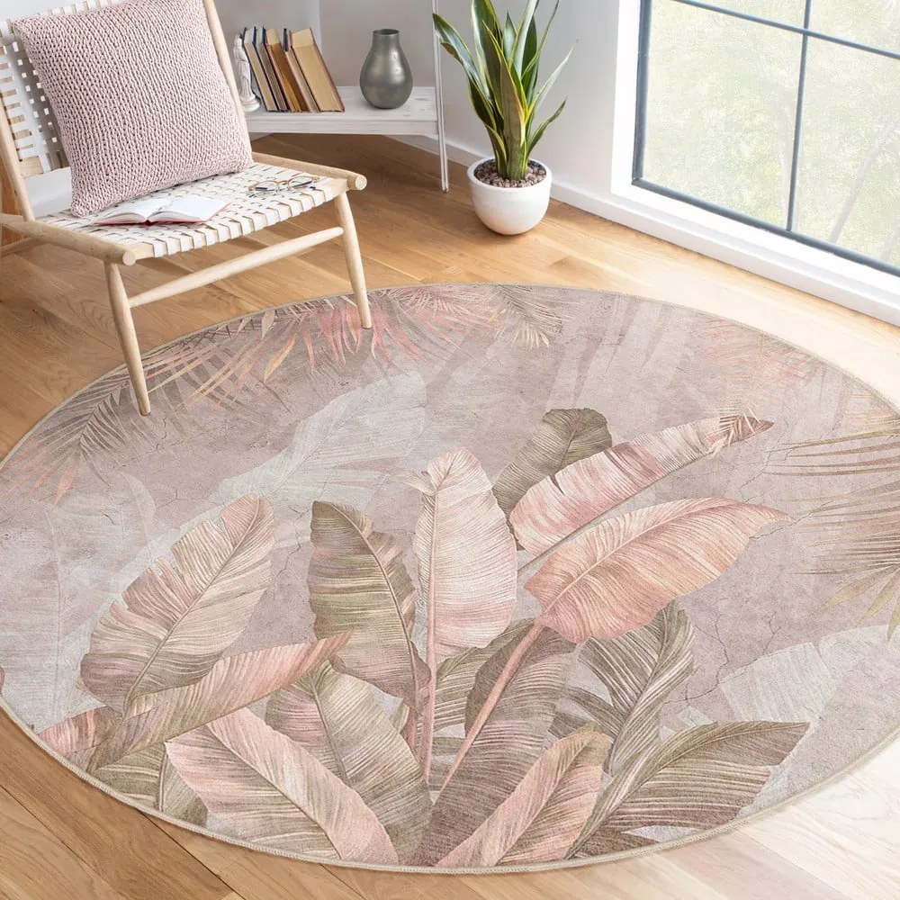 Jasnoróżowy okrągły dywan odpowiedni do prania ø 100 cm Dusty Leaves – Mila Home