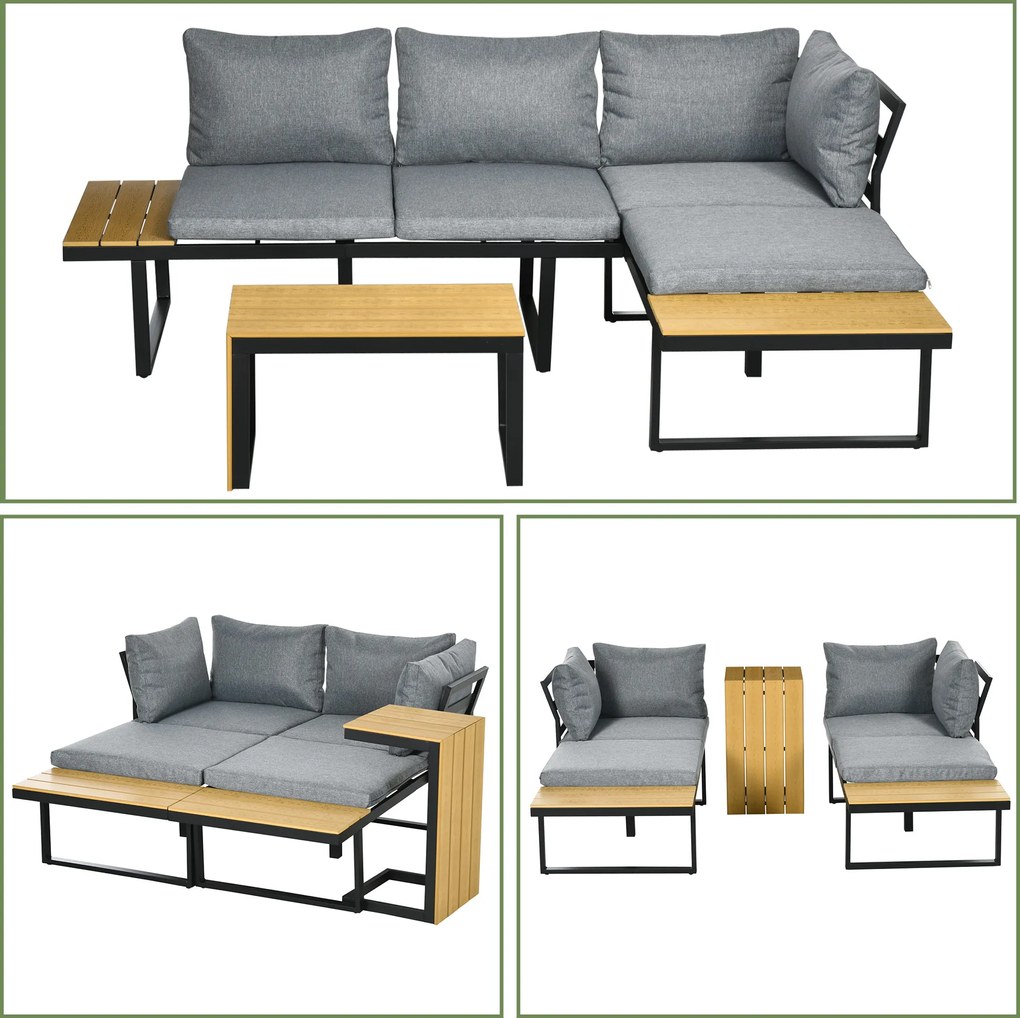 Outsunny Zestaw mebli ogrodowych dla 3 osób, meble balkonowe z poduszkami siedziskowymi, rama z aluminium, imitacja drewna, Jasnoszary+Naturalny