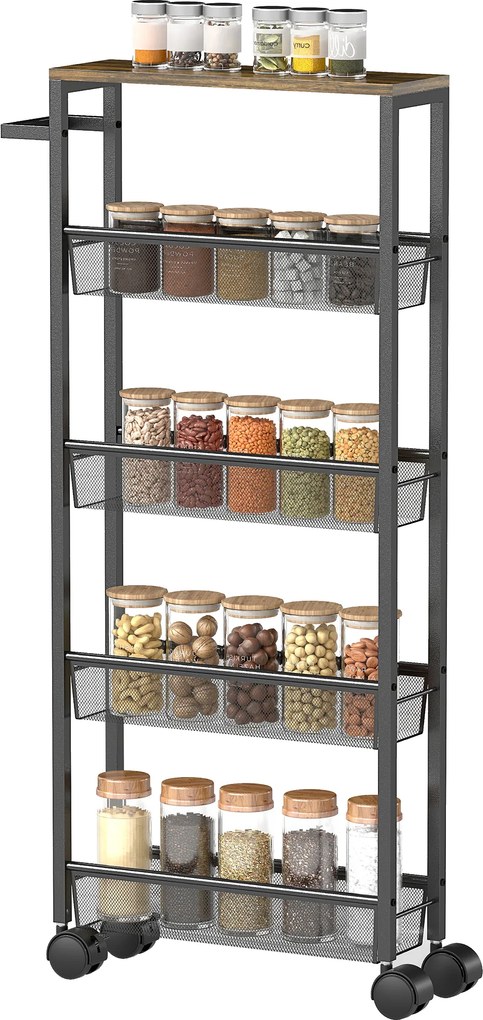 HOMCOM Wózek kuchenny serwisowy 5 poziomów, wózek regał kuchenny z blatem, kółka, uchwyt 47 x 13 x 96,5 cm, Czarny