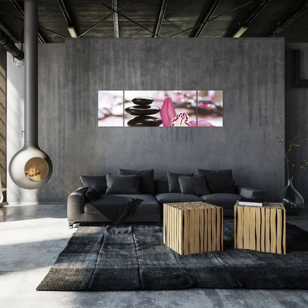Obraz kamieni do masażu i storczyków (170x50 cm)