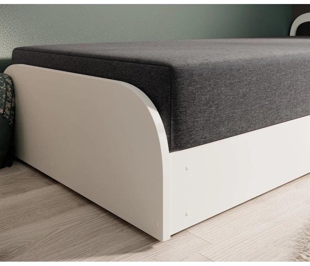 Białe/ciemnoszare tapicerowane/z płyty wiórowej łóżko jednoosobowe ze schowkiem z materacem 80x190 cm Parys – ELTAP
