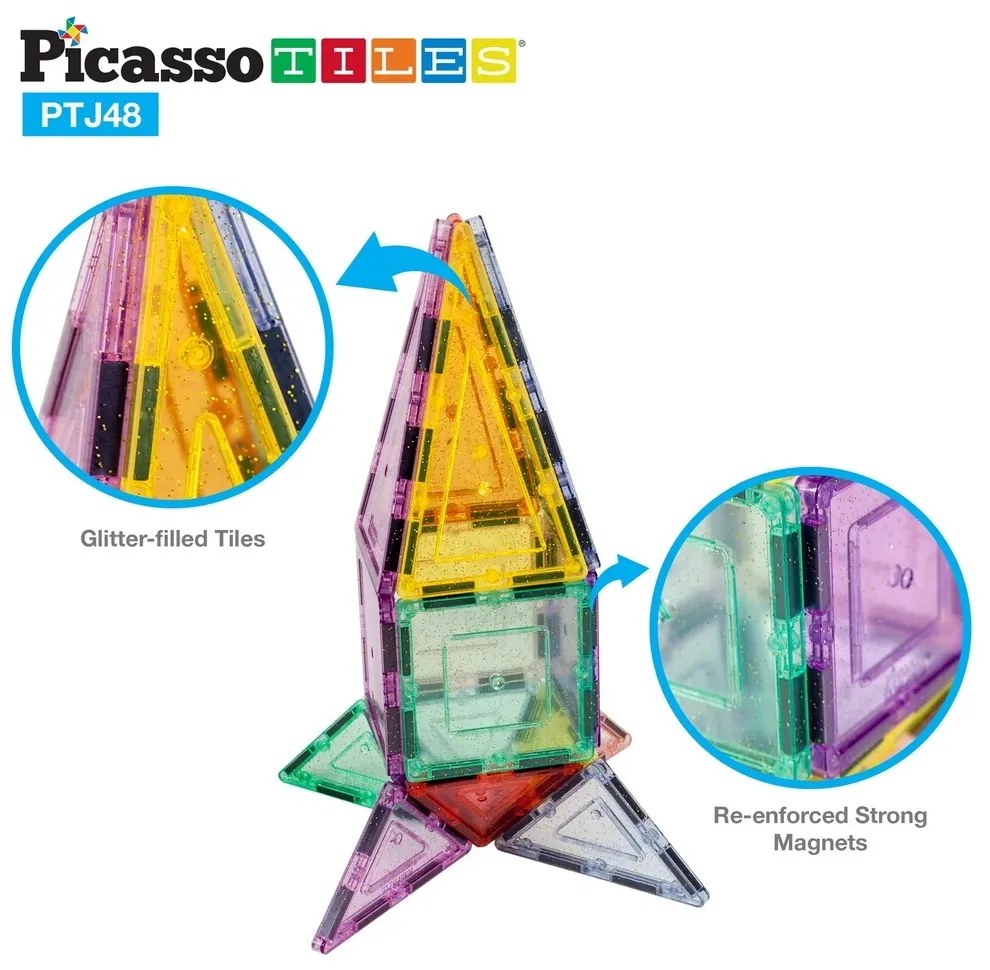 PicassoTiles zestaw 48 elementów Blokimagnetyczne, brokatowe