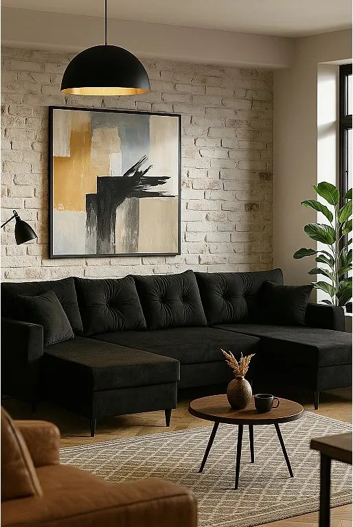 Narożnik z funkcją spania, ROMEO U , tkanina Riviera 100 czarna, wymiary 300 × 156 × 74 cm.