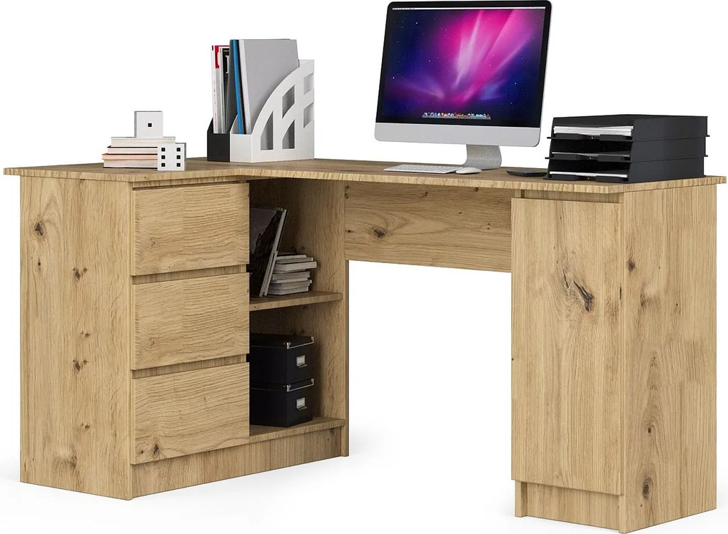 Biurko narożne AKORD B20 Dąb Artisan 155 cm lewe 1 drzwi 3 szuflady kolor Dąb Artisan mat 4 półki 155x85x77 cm