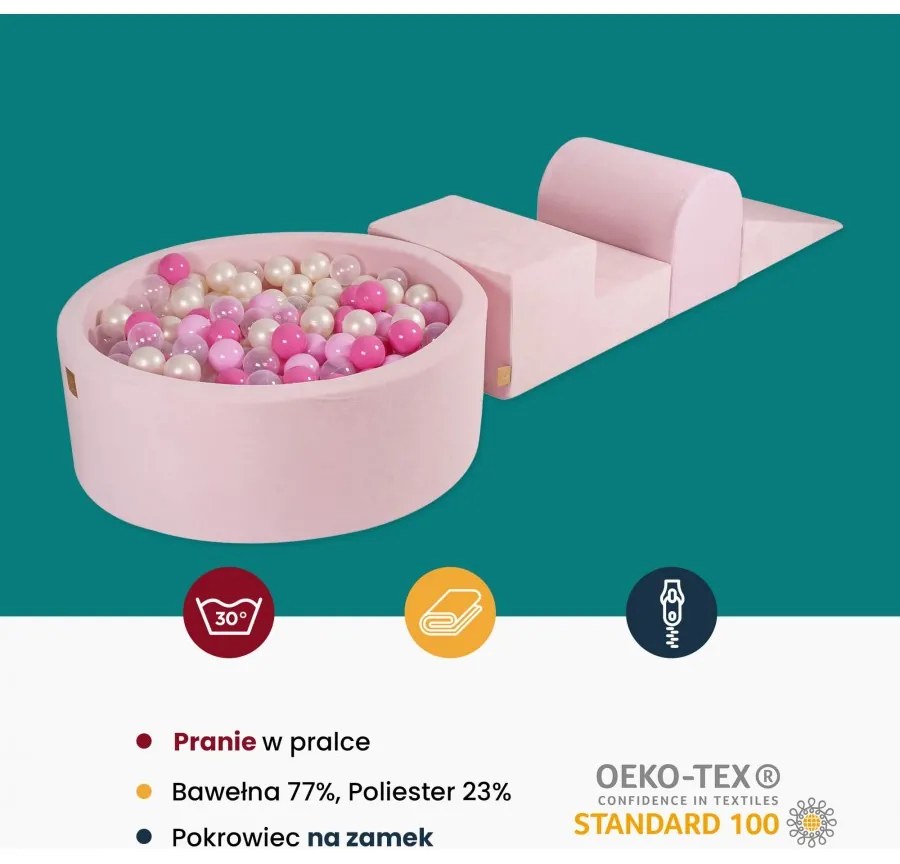 Piankowy zestaw do zabawy z suchym basenem 90x30cm/200 piłek 7cm, plac zabaw dla dziecka, 4 elementy, welurowy, ecru, piłki: białe, transparentne - meowbaby®
