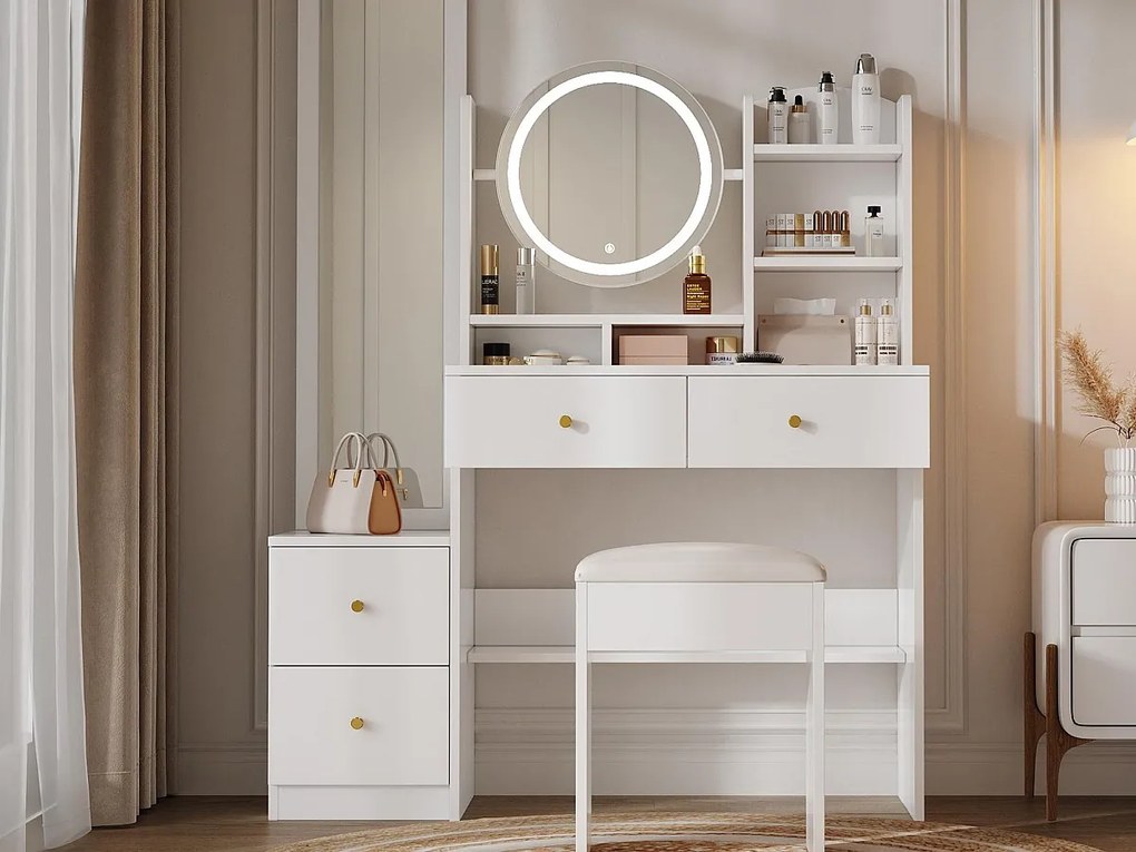 Toaletka z lustrem - z taboretem - z regulowanym oświetleniem LED - z 4 szufladami - biała