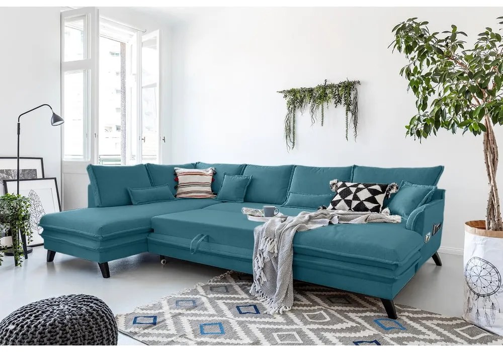 Turkusowa rozkładana sofa w kształcie litery "U" Miuform Charming Charlie, lewostronna