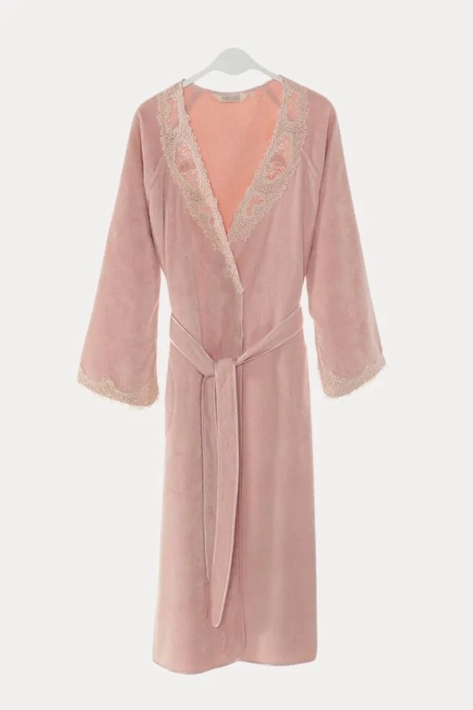 Elegancki szlafrok DESTAN z koronką Stary róż S