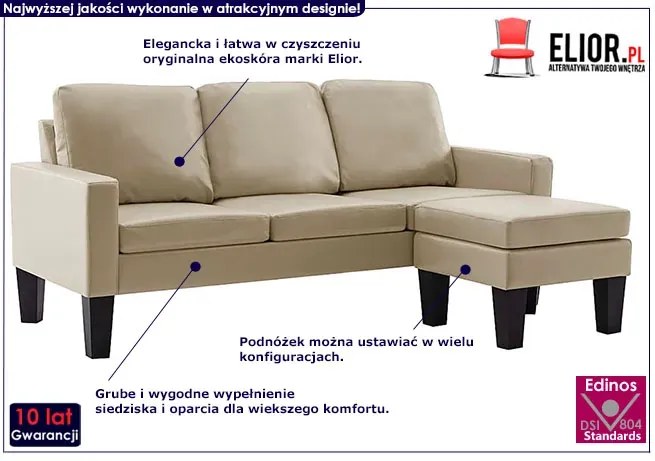 3-osobowa sofa z ekoskóry z podnóżkiem cappuccino - Lencor 4Q