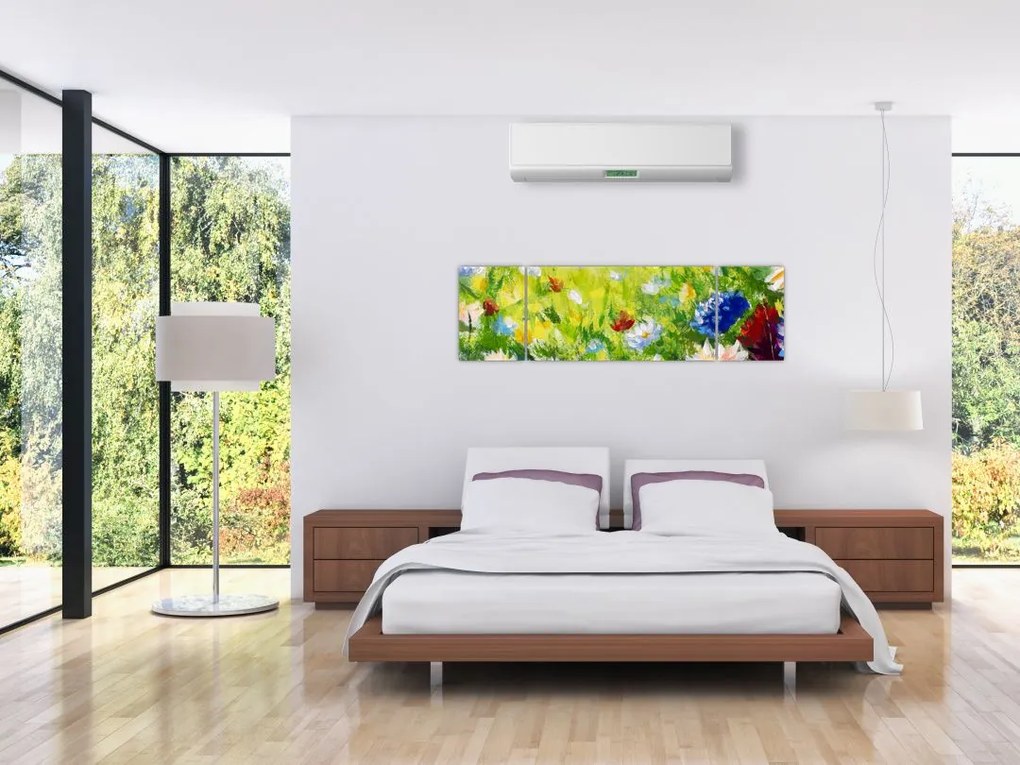 Obraz kwitnącej łąki, obraz olejny (170x50 cm)