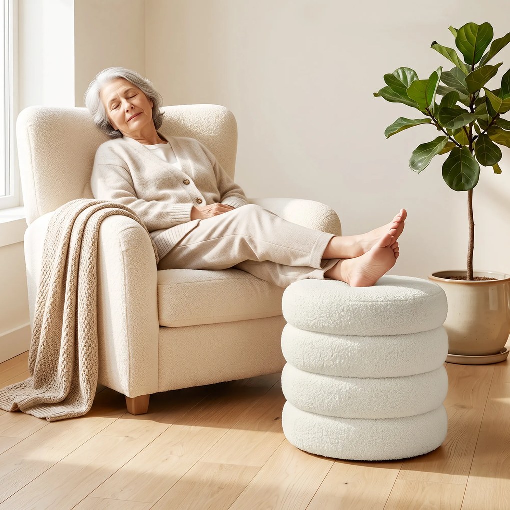HOMCOM Puf, okrągły, Teddyfleece, do 120kg, Φ40x45H cm, biały | Aosom PL