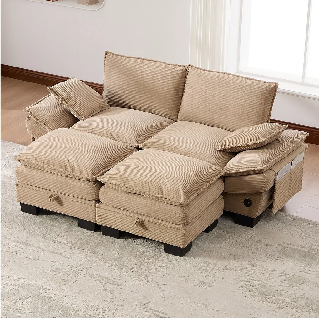 Zestaw wypoczynkowy z tkaniny sztruksowej dla 2 osób - 190 x 132 x 84 cm - z 2 pufami ze schowkiem + portem USB + kieszeniami - khaki