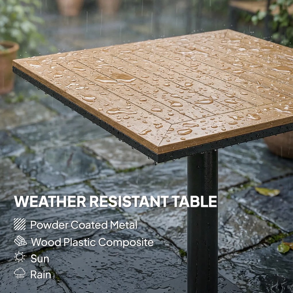 Outsunny Stół balkonowy 70 x 70 cm odporny na warunki atmosferyczne z blatem w wyglądzie drewna, szeroka podstawa, kwadratowy, naturalne drewno | Aosom PL