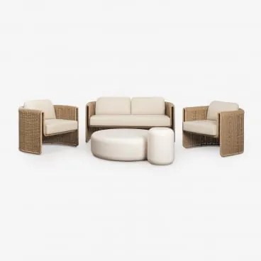 Zestaw Do Salonu Z Dwuosobową Sofą, 2 Fotelami Ze Stali I Syntetycznego Rattanu Lina Oraz 2 Stolikami Kawowymi Z Cementu Fonelas - Sklum