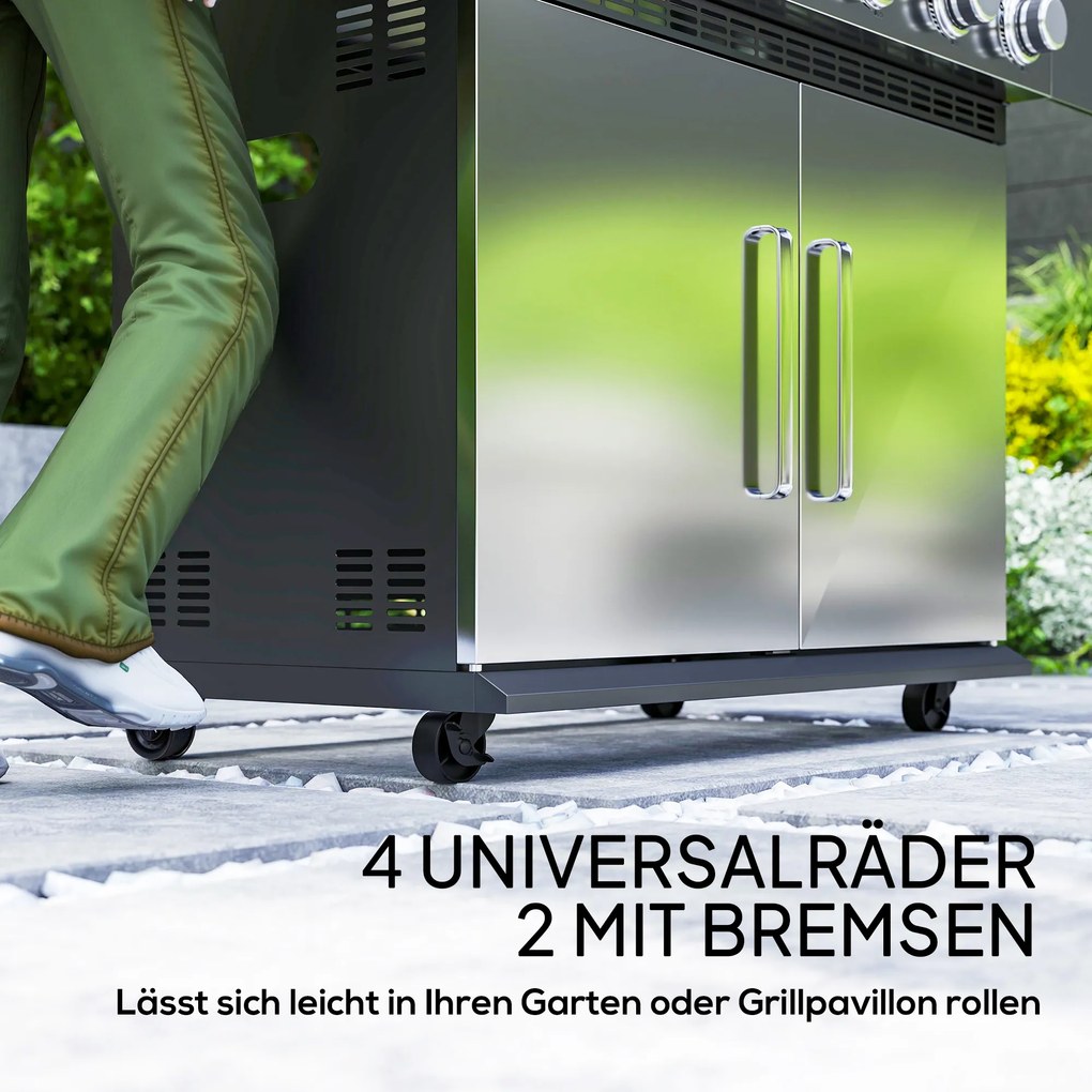 Outsunny Grill Gazowy 8500BTU z Wózkiem, 6 Palników ze Stali Nierdzewnej, Termometr, Regulator Ciśnienia 141 x 55 x 110 cm Srebrny