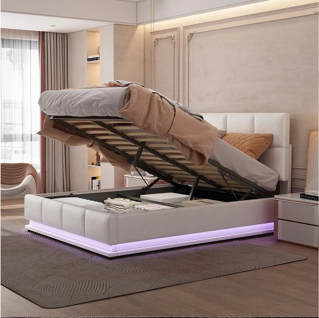 Łóżko z pojemnikiem 140x190 cm, łóżko dwuosobowe z podnoszonym hydraulicznie stelażem LED, białe