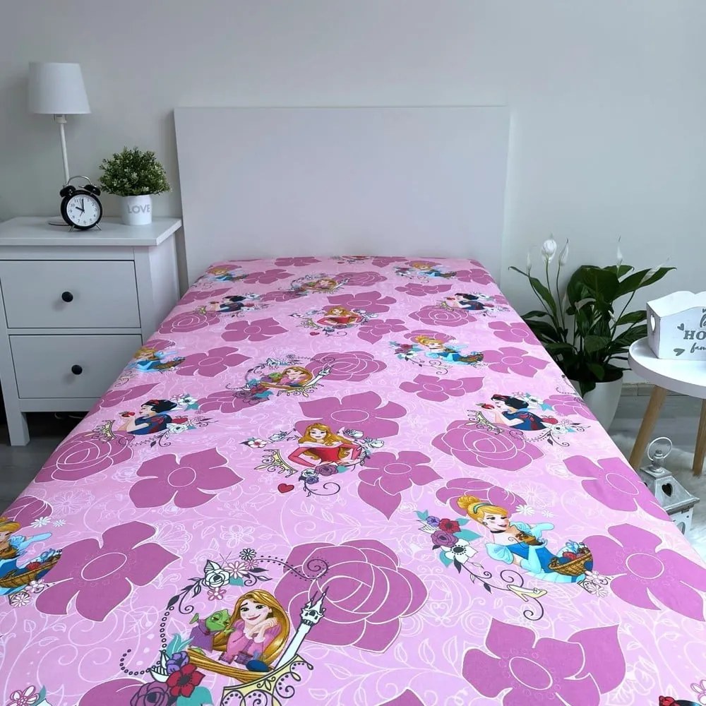 Różowe bawełniane prześcieradło dziecięce z gumką 90x200 cm The Pincesses "Pink" – Jerry Fabrics