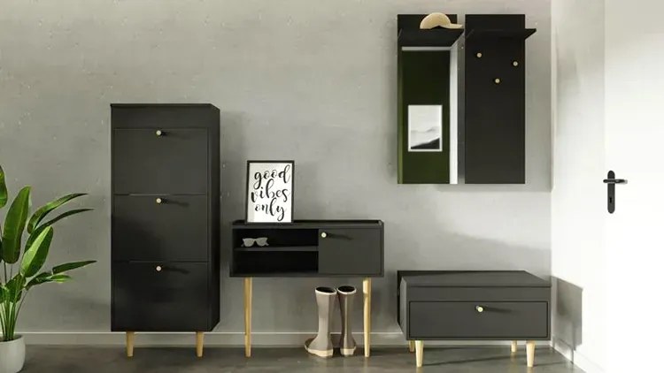 Czarna konsola w stylu loft z dębowymi nogami K0-N27