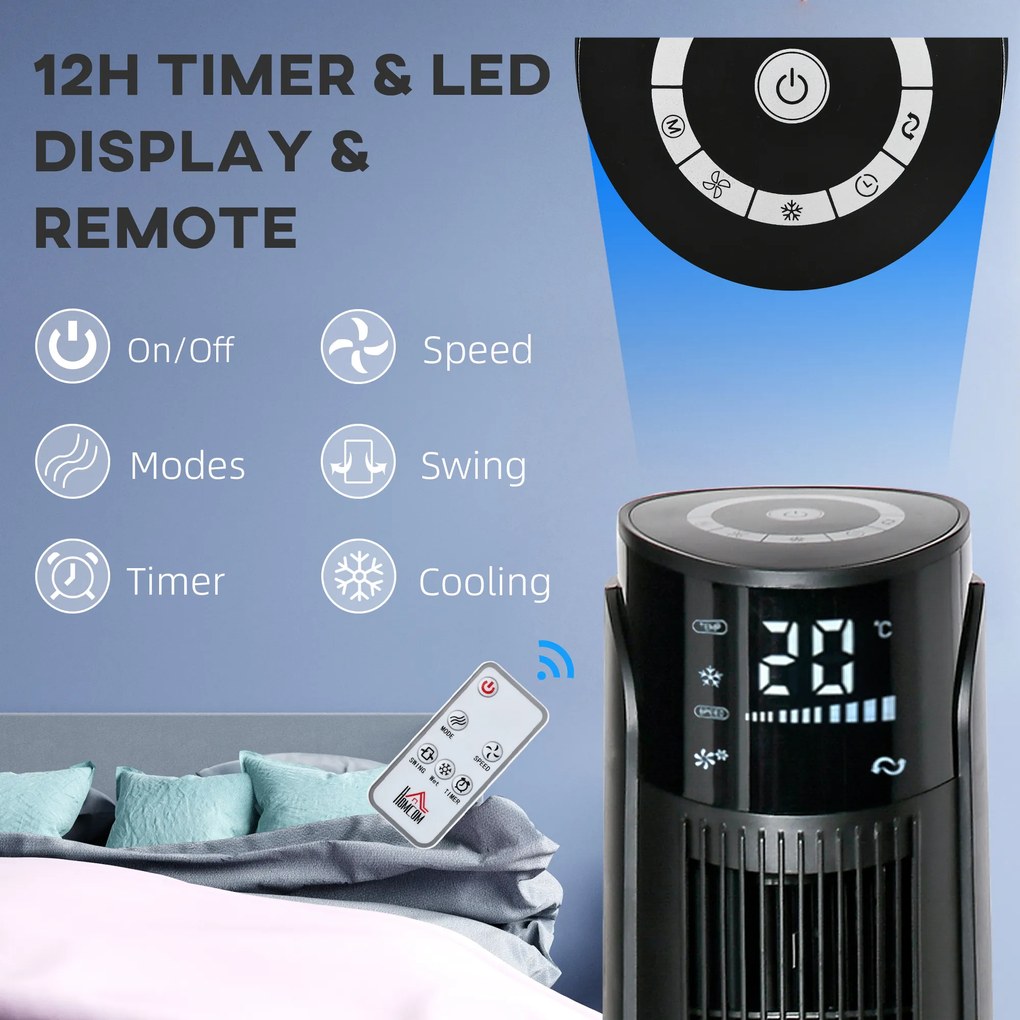 HOMCOM Klimatyzator Wieżowy z 4 Trybami, 3 Prędkościami, Timerem, Plastikowy