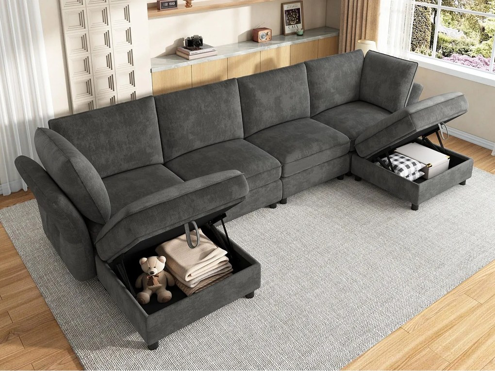 Modułowa sofa narożna U/L 6-7-osobowa z 2 pufami ze schowkiem, sofa „Efekt Chmury” z miękkiej i ergonomicznej szenili - szary
