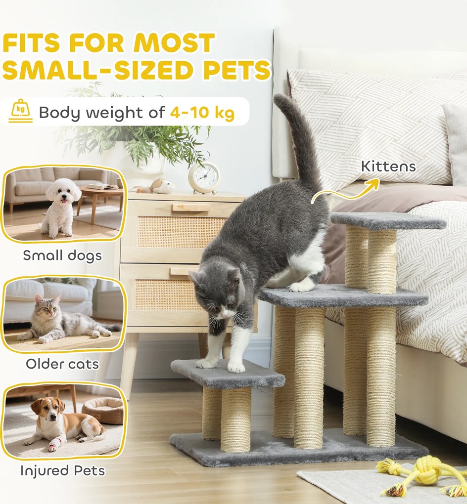 PawHut Schodki dla psa 3-stopniowe 54 cm wysokości, schodki dla małych psów i kotów z sizalowymi słupkami, piłeczka do zabawy