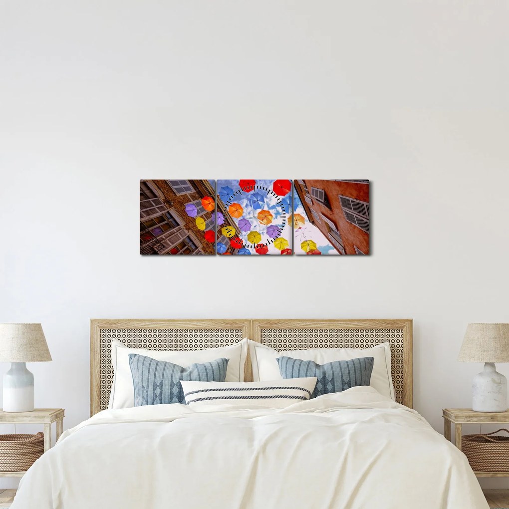 Obraz kolorowych parasoli (z zegarem) (90x30 cm)