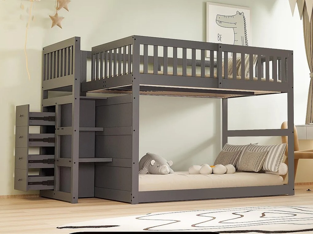 Łóżko piętrowe 140x200cm z litego drewna - z 4 szufladami bocznymi - Szare