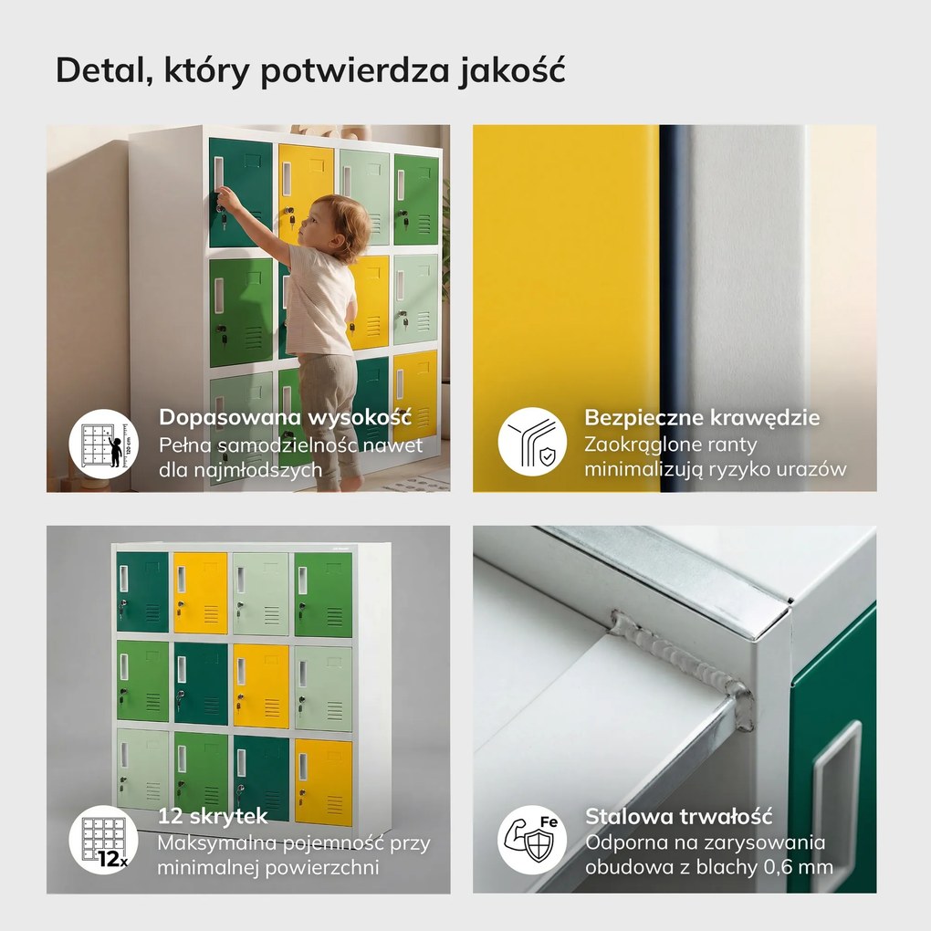 Szafka metalowa do szkoły i przedszkola szaro-zielono-żółta, 1090x1200x450 mm: OLA