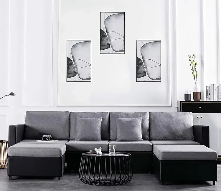 4-osobowa rozkładana czarna sofa z jasnoszarymi poduszkami - Umika 4Q