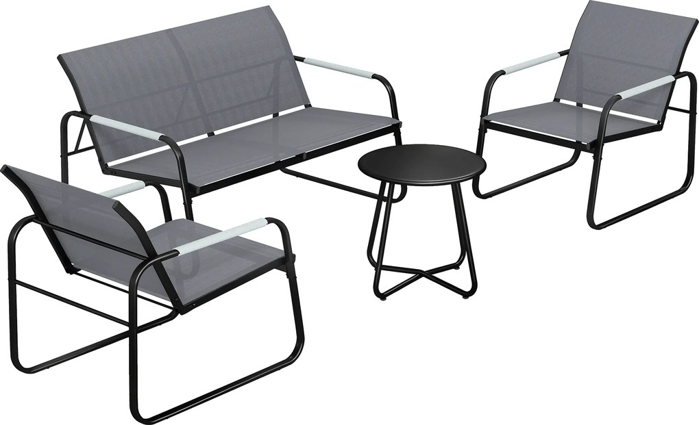 Outsunny Zestaw Mebli Ogrodowych dla 4 Osób Oddychająca Sofa Ogrodowa z 2-osobową Ławką, 2 Krzesłami, Okrągłym Stołem i Regulowanymi Nóżkami | Aosom PL