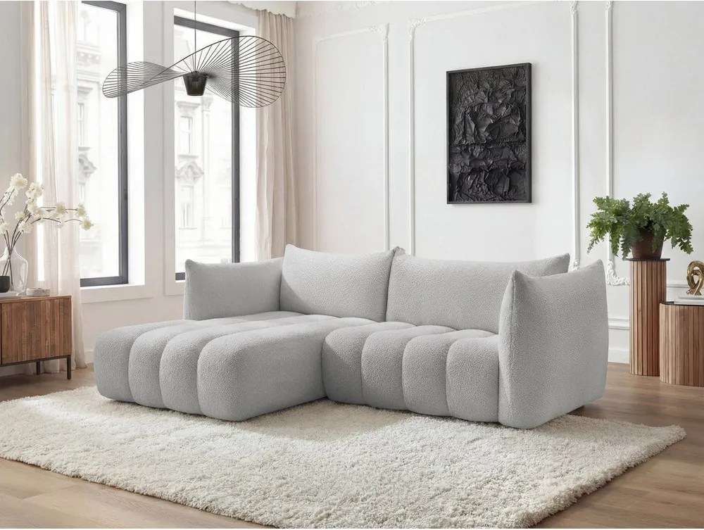 Jasnoszary narożnik z materiału bouclé (lewostronny/z szezlongiem) Azra – Bobochic Paris