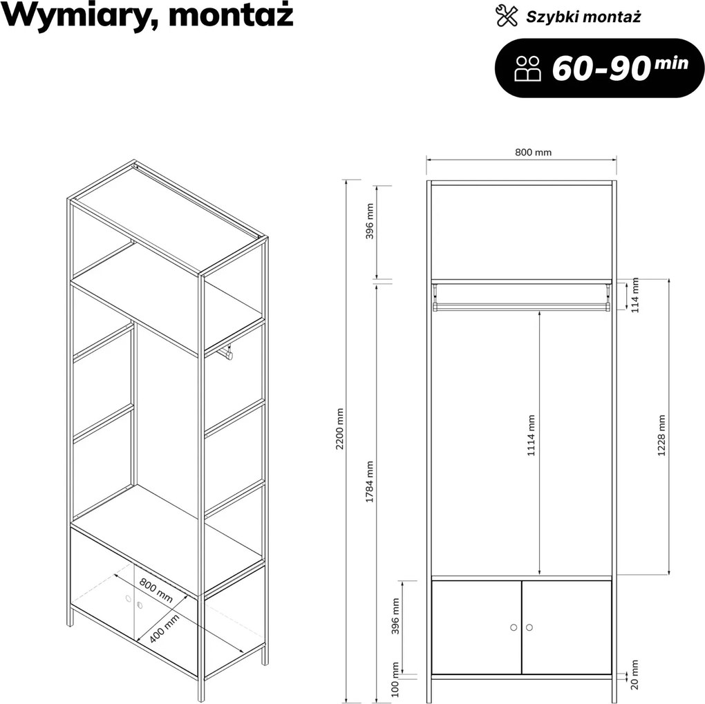 Regał biurowy ubraniowy z drążkiem Eco Design Ariel, 80x40x220 cm, biały/dąb sonoma