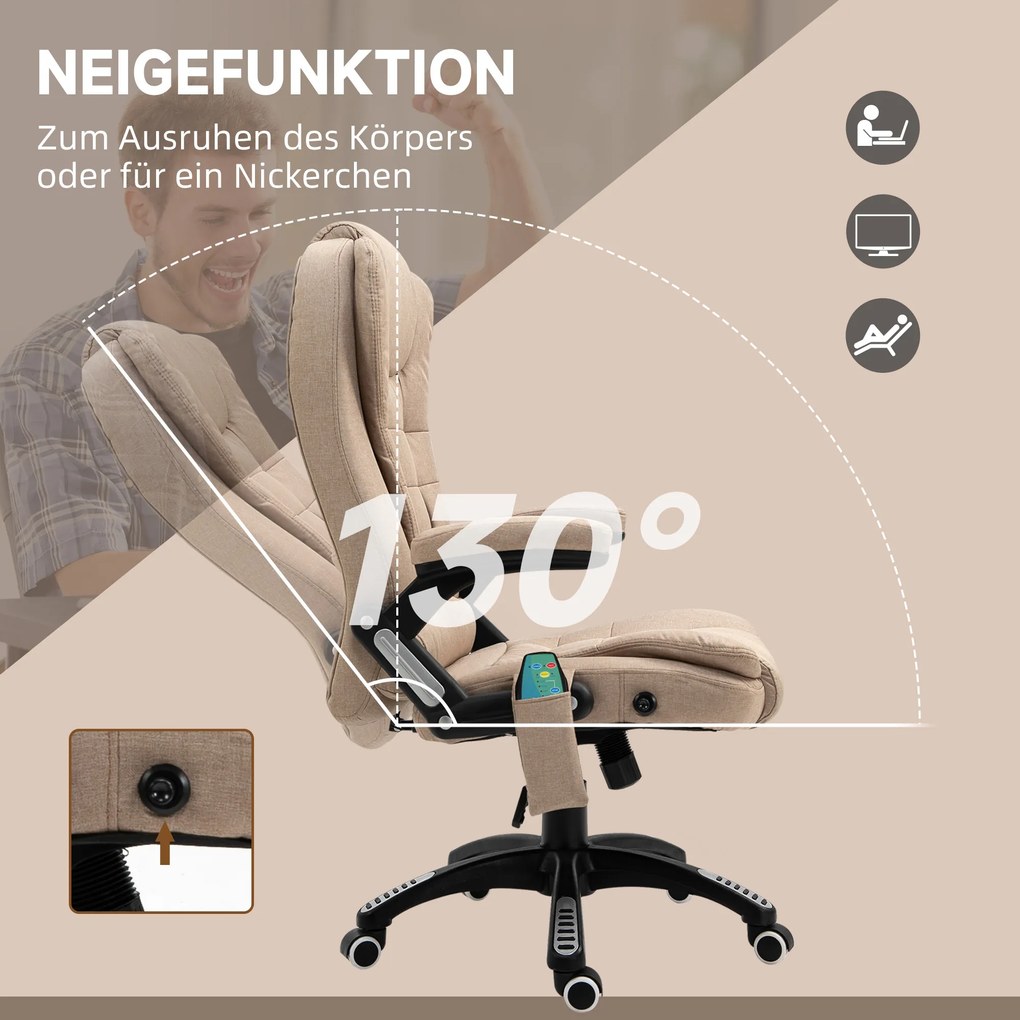 Vinsetto Ergonomiczny fotel biurowy z funkcją masażu i ogrzewania, regulowany, 67 x 74 x 107–116 cm, Brązowy