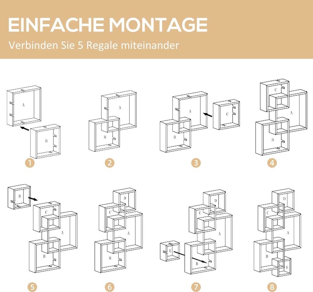 HOMCOM Regał Ścienny, Półka Wisząca, 5 Półek, Drewno Lite, Biały