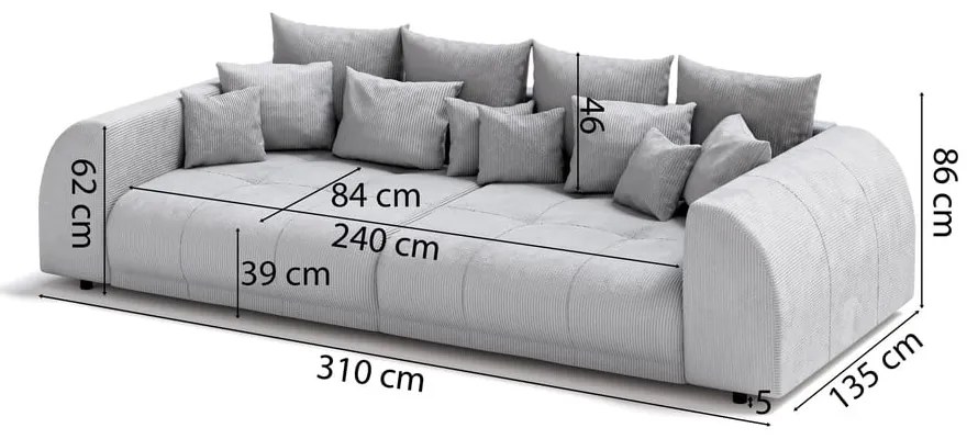 Ciemnoszara sztruksowa rozkładana sofa 310 cm Vanessa – Ropez