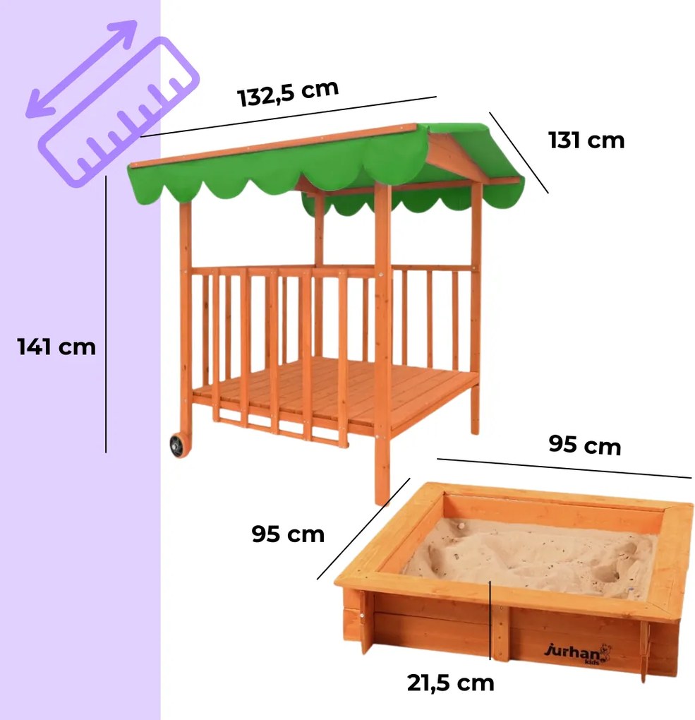Piaskownica z werandą HAPPY, 130x130x143cm, brązowa/zielona Jurhan