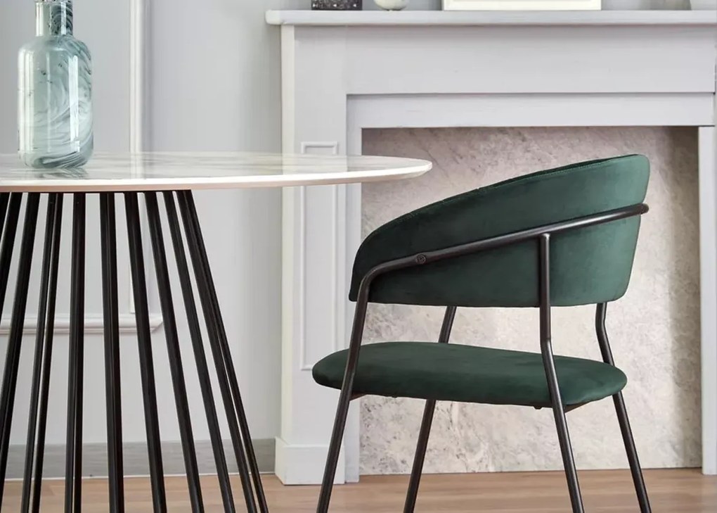 Nowoczesny okrągły stół Bronx 110 cm z blatem MDF imitującym biały marmur na stożkowej metalowej czarnej podstawie