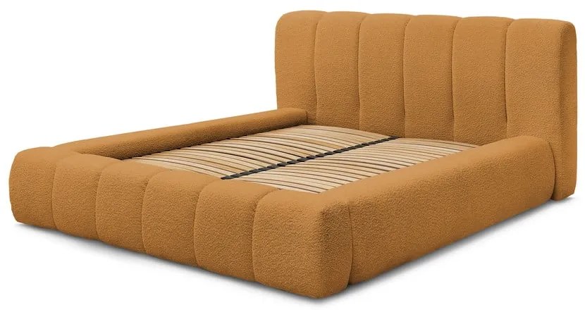 Musztardowe tapicerowane łóżko dwuosobowe ze schowkiem i stelażem 140x190 cm Denali – Bobochic Paris