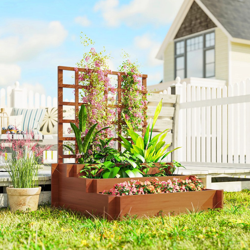 Outsunny Wysoka grządka z kratką, 3-poziomowa skrzynia na kwiaty z włókniną, drewno jodłowe, brązowa, 95 x 95 x 110 cm | Aosom PL