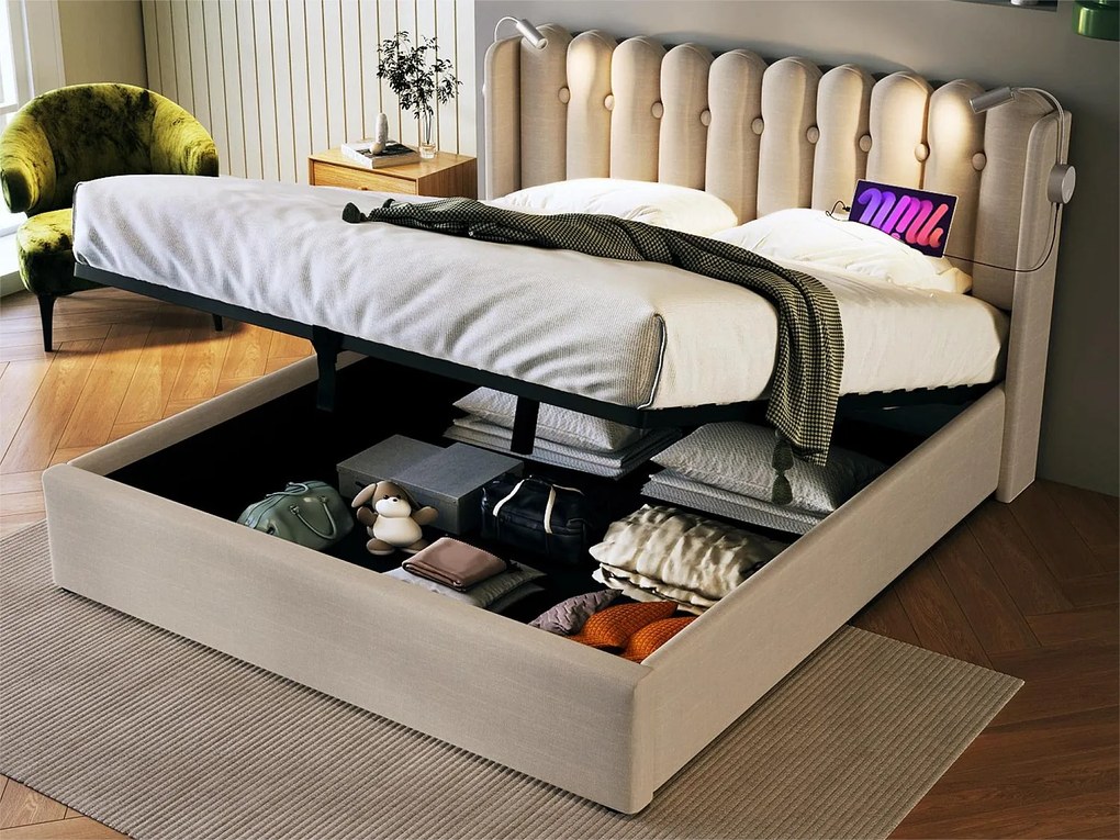 Łóżko ze schowkiem i zagłówkiem - 140 x 200 cm - lampka do czytania i port USB - tkanina lniana - kolor naturalny