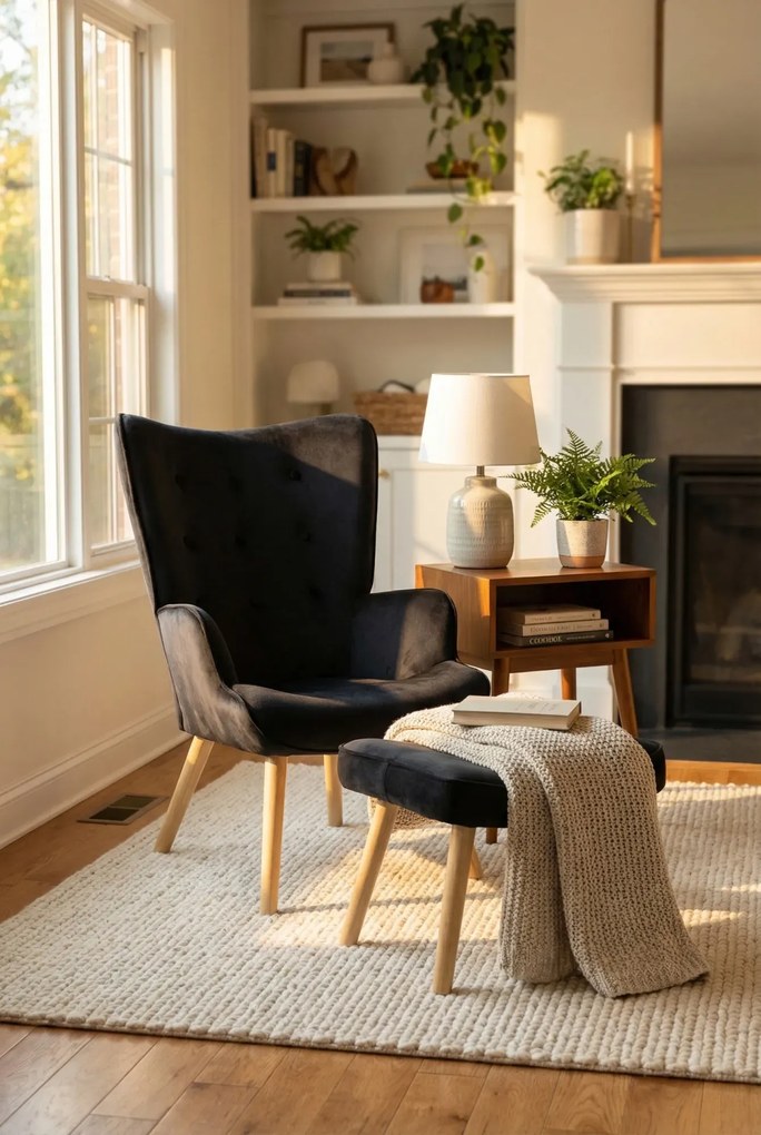 Czarny fotel z podnóżkiem do salonu K7-A86