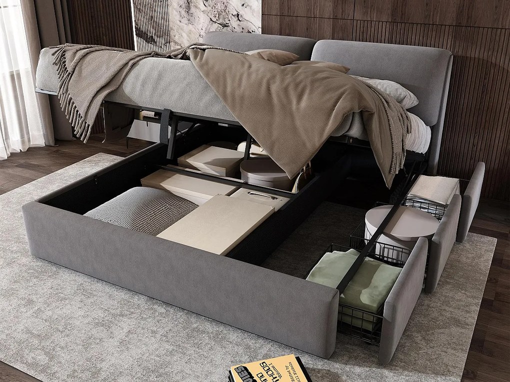 Łóżko z weluru - 160x200cm - z 3 szufladami - Szare (bez materaca)