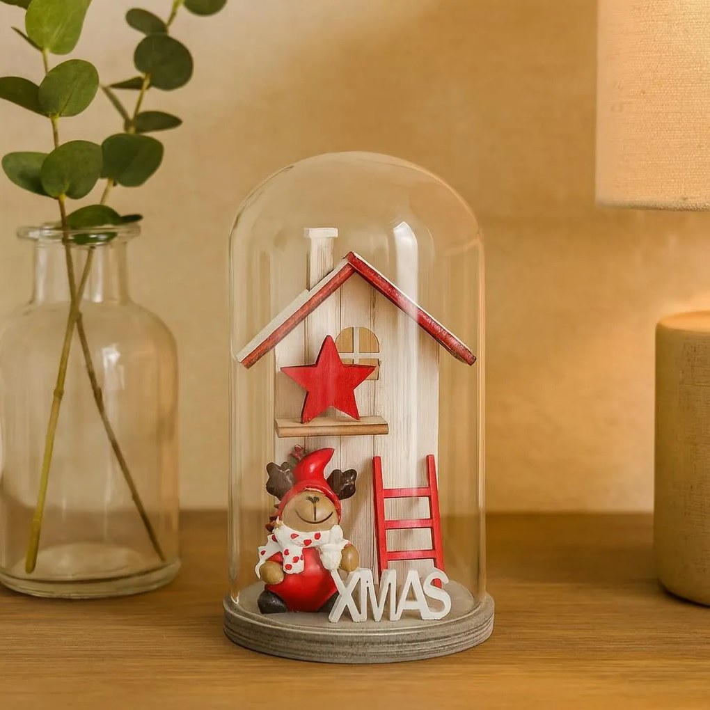 Kopuła szklana z drewnianym domkiem świątecznym, 12 cm